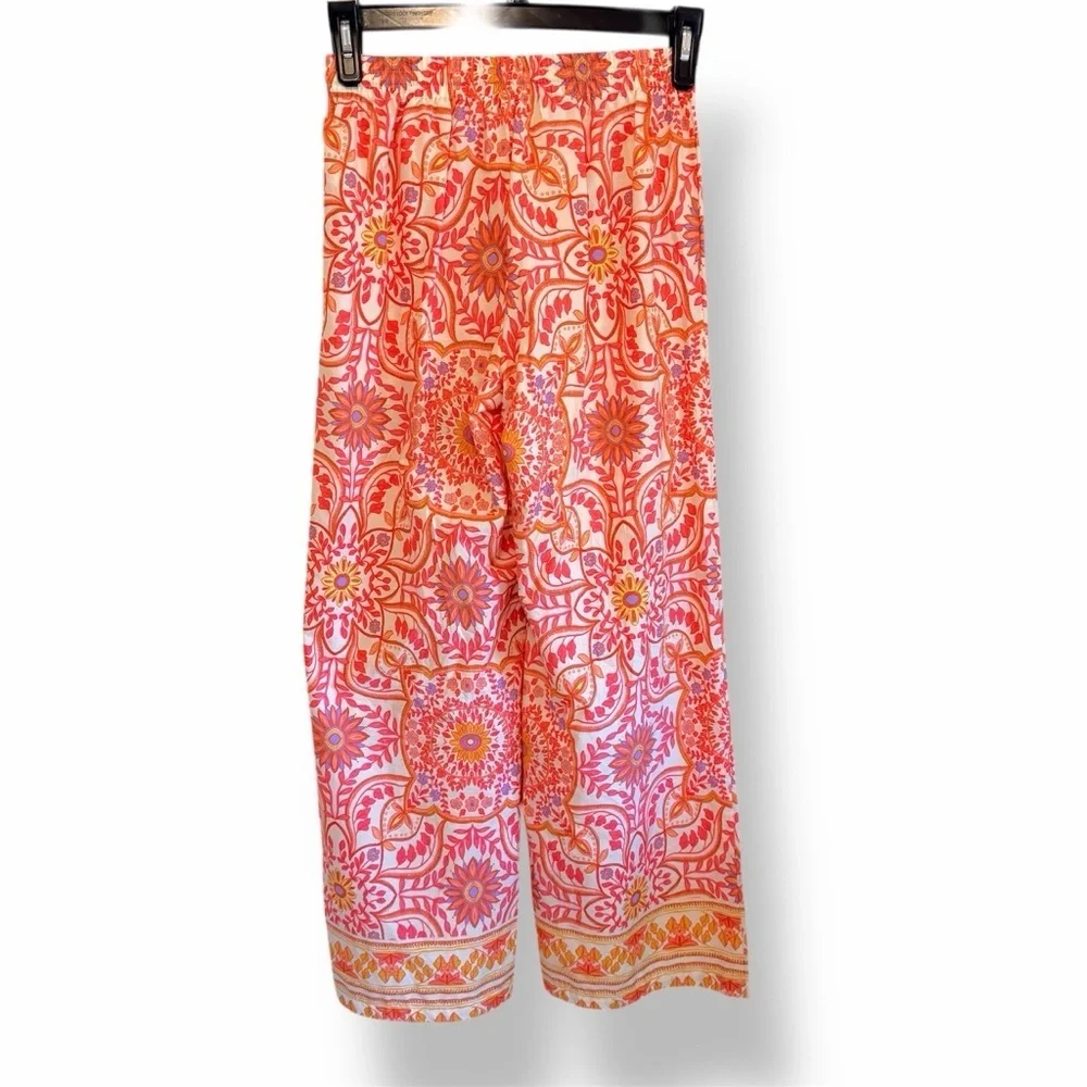 Olivaceous boho print orange wide leg pull up elastic waist cotton pants, sz S